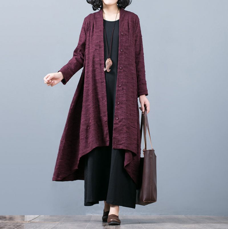 Elegant Lila Jacquard Maxirock Trendig Plus Size Baggy Stor Fåll Asymmetrisk Design Trenchcoat Fin Patchwork Kappa - Trenchcoats för kvinnor