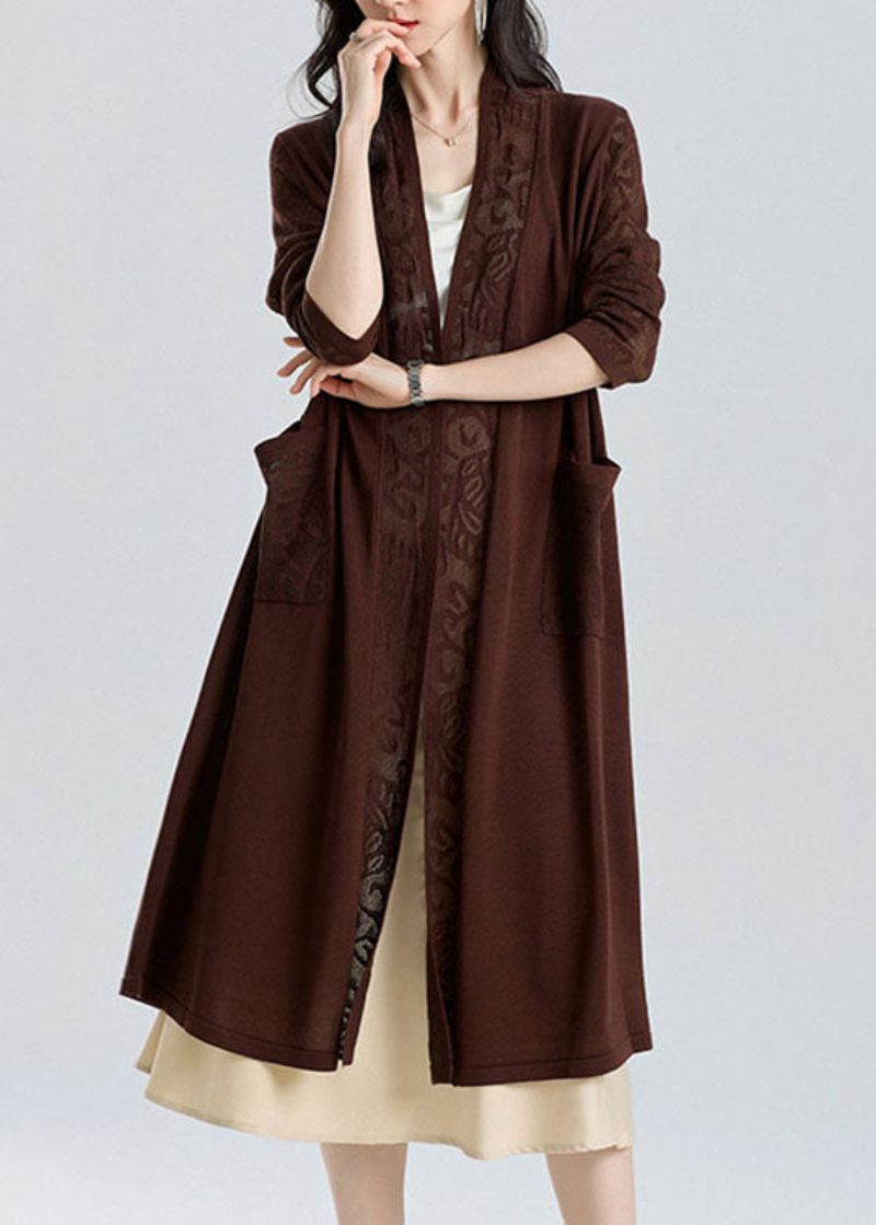 Elegant Mocha V-hals Patchwork Hollow Out Long Ice Size Stickad Cardigan Sum