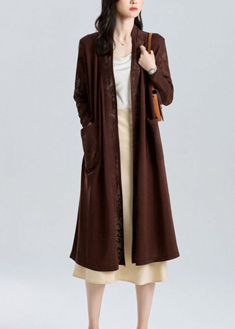 Elegant Mocha V-hals Patchwork Hollow Out Long Ice Size Stickad Cardigan Sum - Mocka