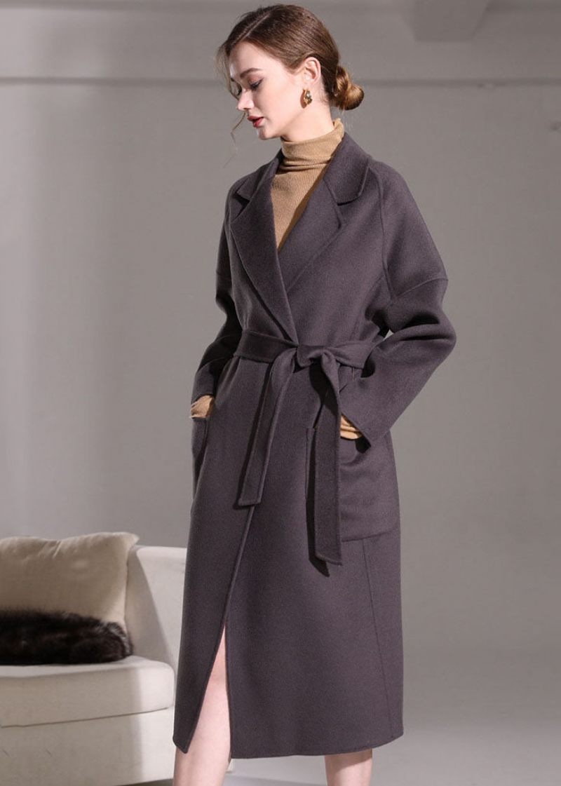 Elegant Mörklila Peter Pan Krage Fickor Woolen Wrap Coat Vinter - Mörklila