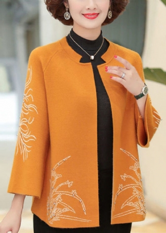 Elegant Orange O-halsbroderad Spikpärla Ylle Cardigan Långärmad