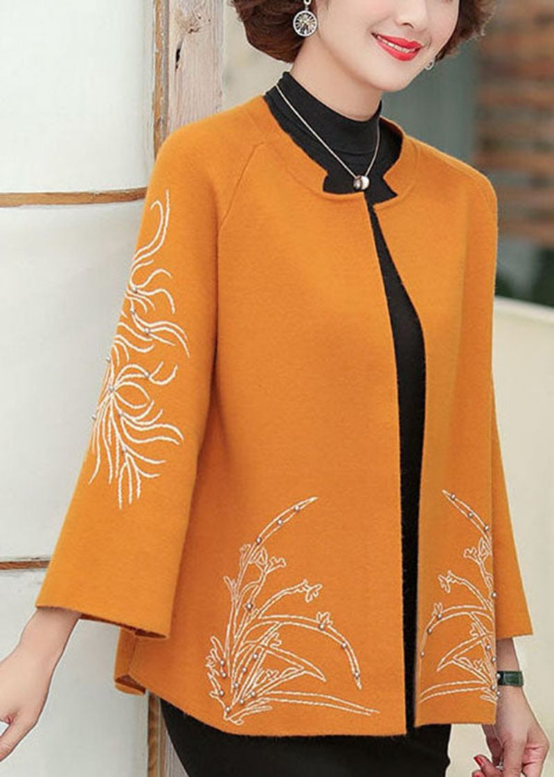 Elegant Orange O-halsbroderad Spikpärla Ylle Cardigan Långärmad - Orange