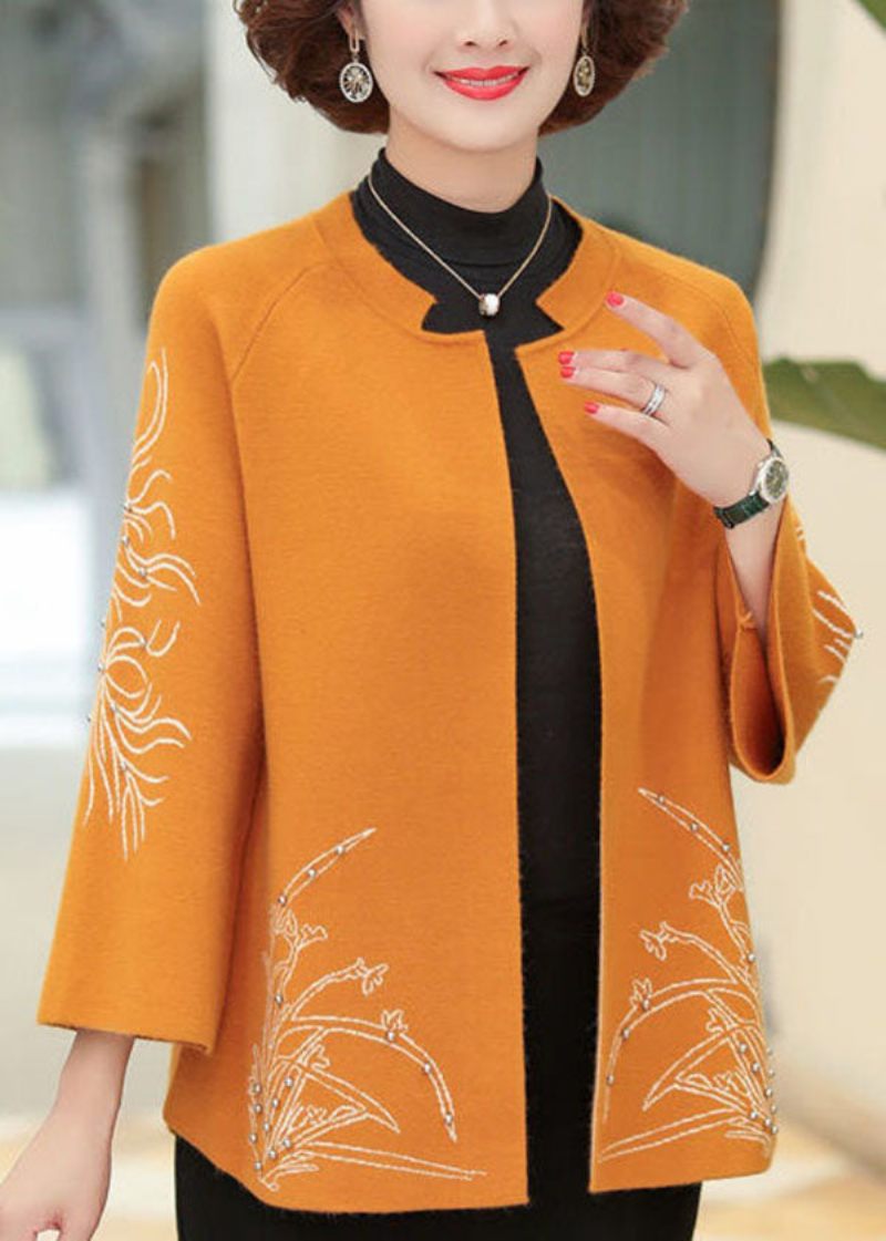 Elegant Orange O-halsbroderad Spikpärla Ylle Cardigan Långärmad