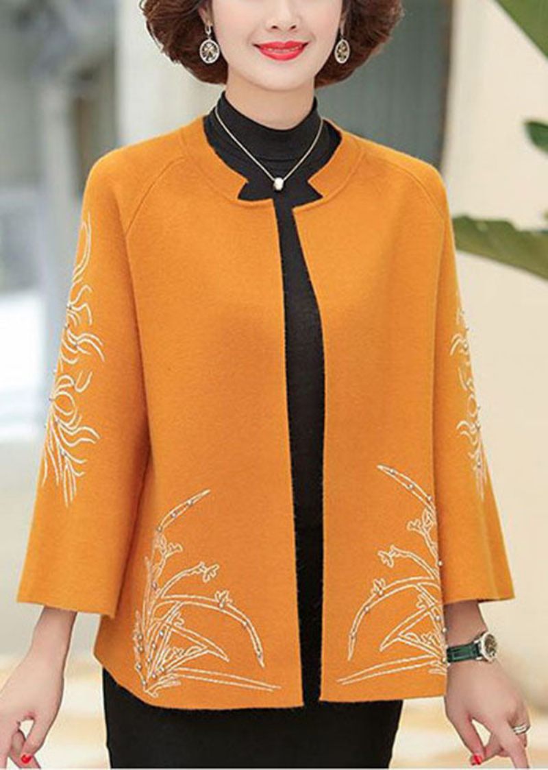 Elegant Orange O-halsbroderad Spikpärla Ylle Cardigan Långärmad - Orange