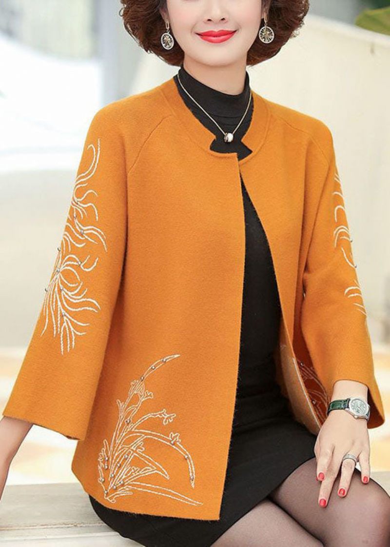 Elegant Orange O-halsbroderad Spikpärla Ylle Cardigan Långärmad - Orange