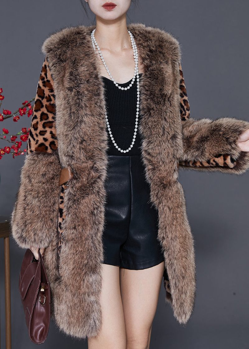 Elegant Pälskrage Patchwork Leopard Mink Velvet Coat Vinter