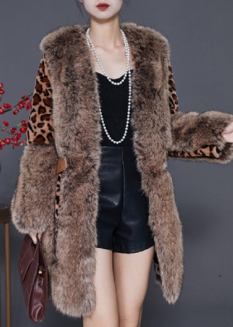 Elegant Pälskrage Patchwork Leopard Mink Velvet Coat Vinter