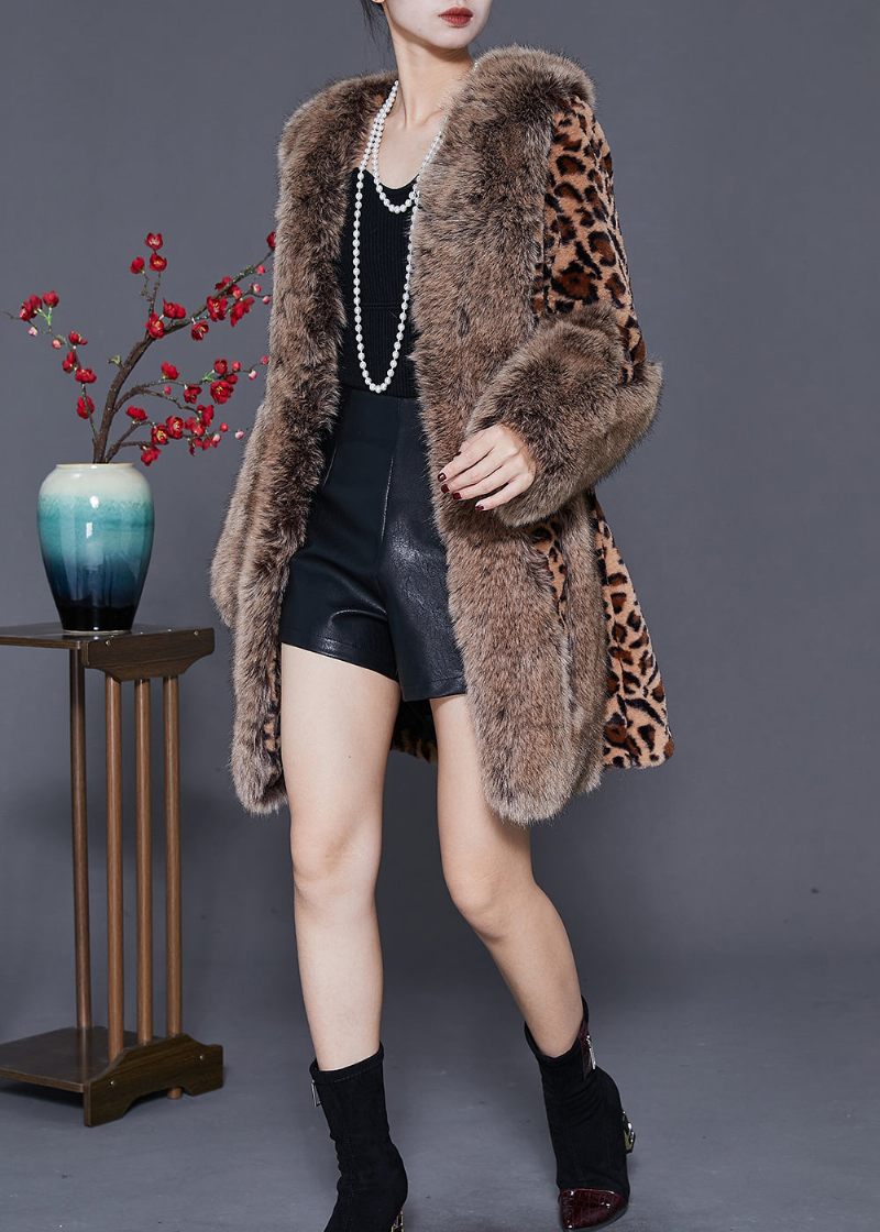 Elegant Pälskrage Patchwork Leopard Mink Velvet Coat Vinter - Vinterkappor för kvinnor