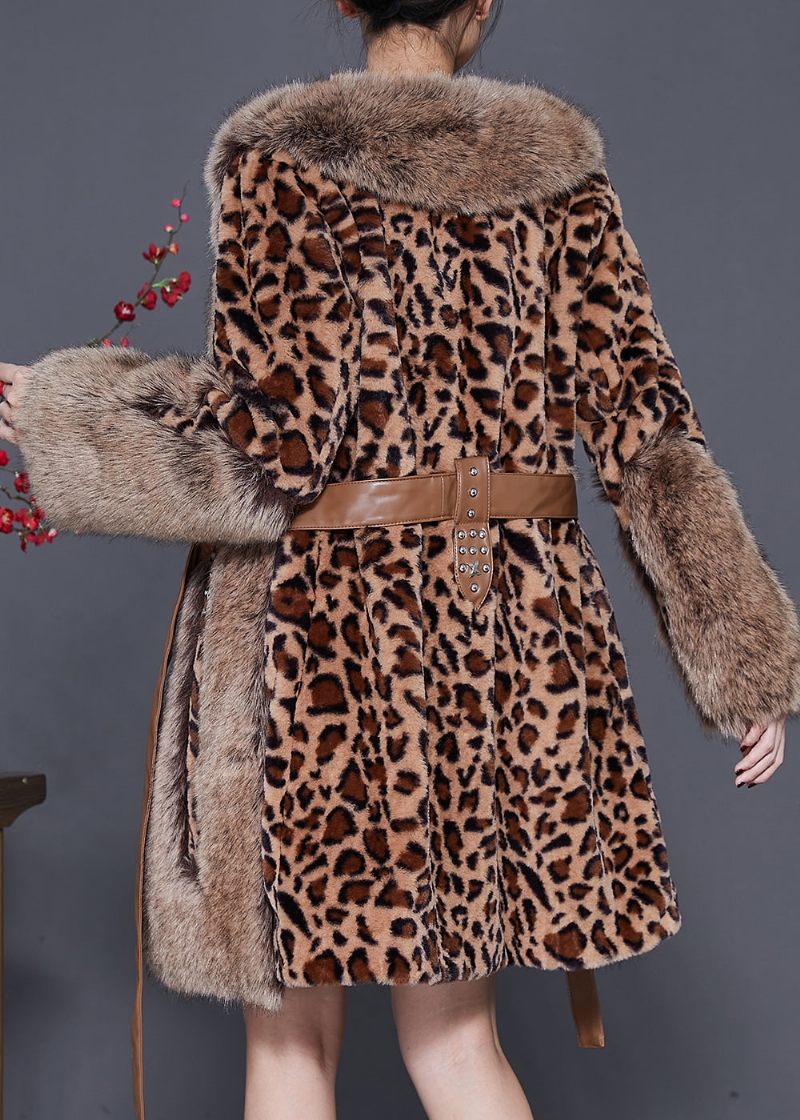 Elegant Pälskrage Patchwork Leopard Mink Velvet Coat Vinter - Vinterkappor för kvinnor