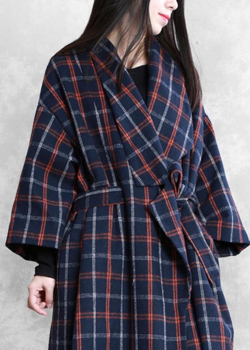 Elegant Plus Size Kappor Blå Pläd Urtackad Ullkappa För Dam - Trenchcoats för kvinnor