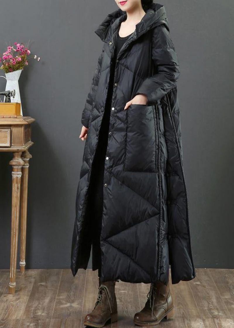 Elegant Plus Size Kläder Dam Parkas Jackor Svart Huva Button Down Jacka Kvinna