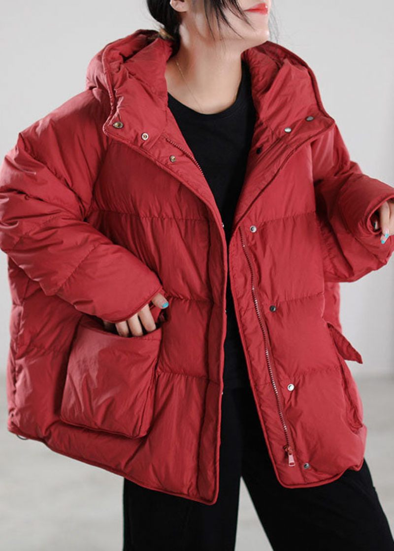 Elegant Röd Hooded Duck Down Puffer Coat Vinter