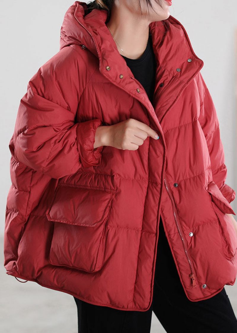 Elegant Röd Hooded Duck Down Puffer Coat Vinter - Röd