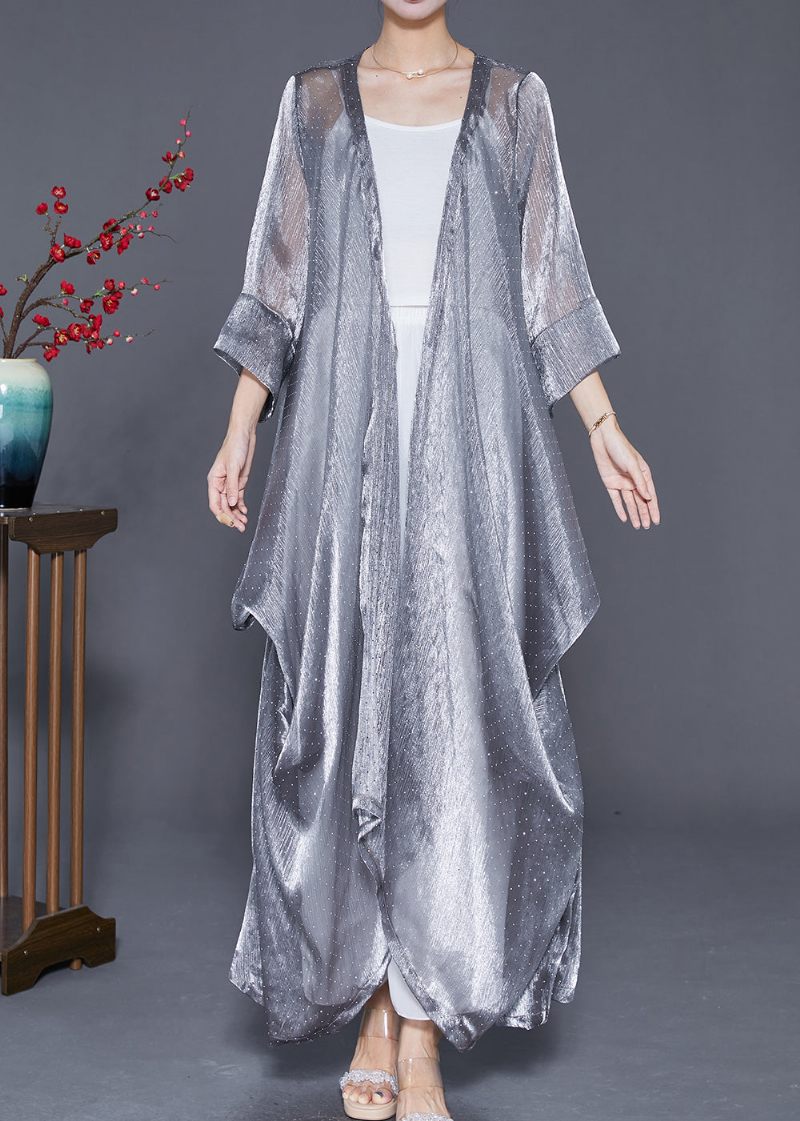 Elegant Silver Oversized Rynkad Silk Long Cardigan Summer