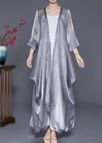 Elegant Silver Oversized Rynkad Silk Long Cardigan Summer