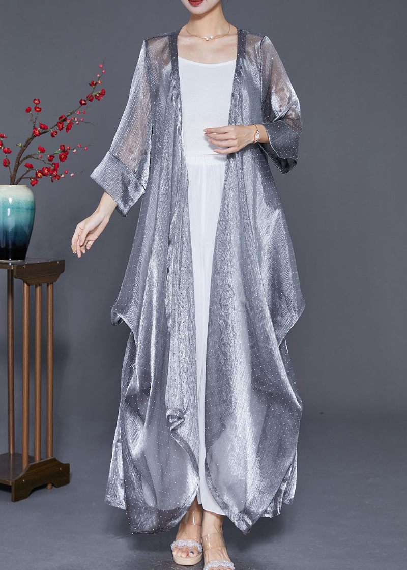 Elegant Silver Oversized Rynkad Silk Long Cardigan Summer - Koftor för kvinnor