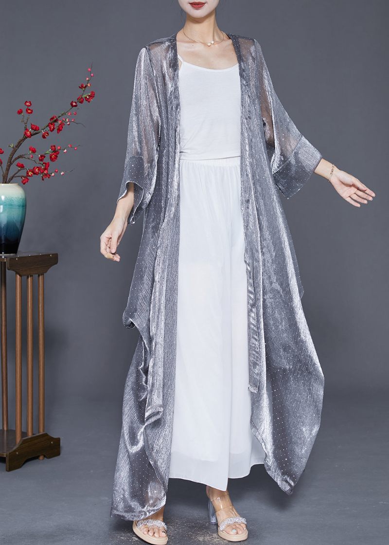 Elegant Silver Oversized Rynkad Silk Long Cardigan Summer - Koftor för kvinnor