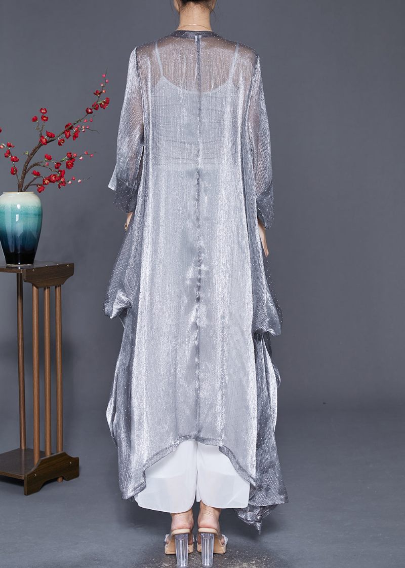 Elegant Silver Oversized Rynkad Silk Long Cardigan Summer - Koftor för kvinnor