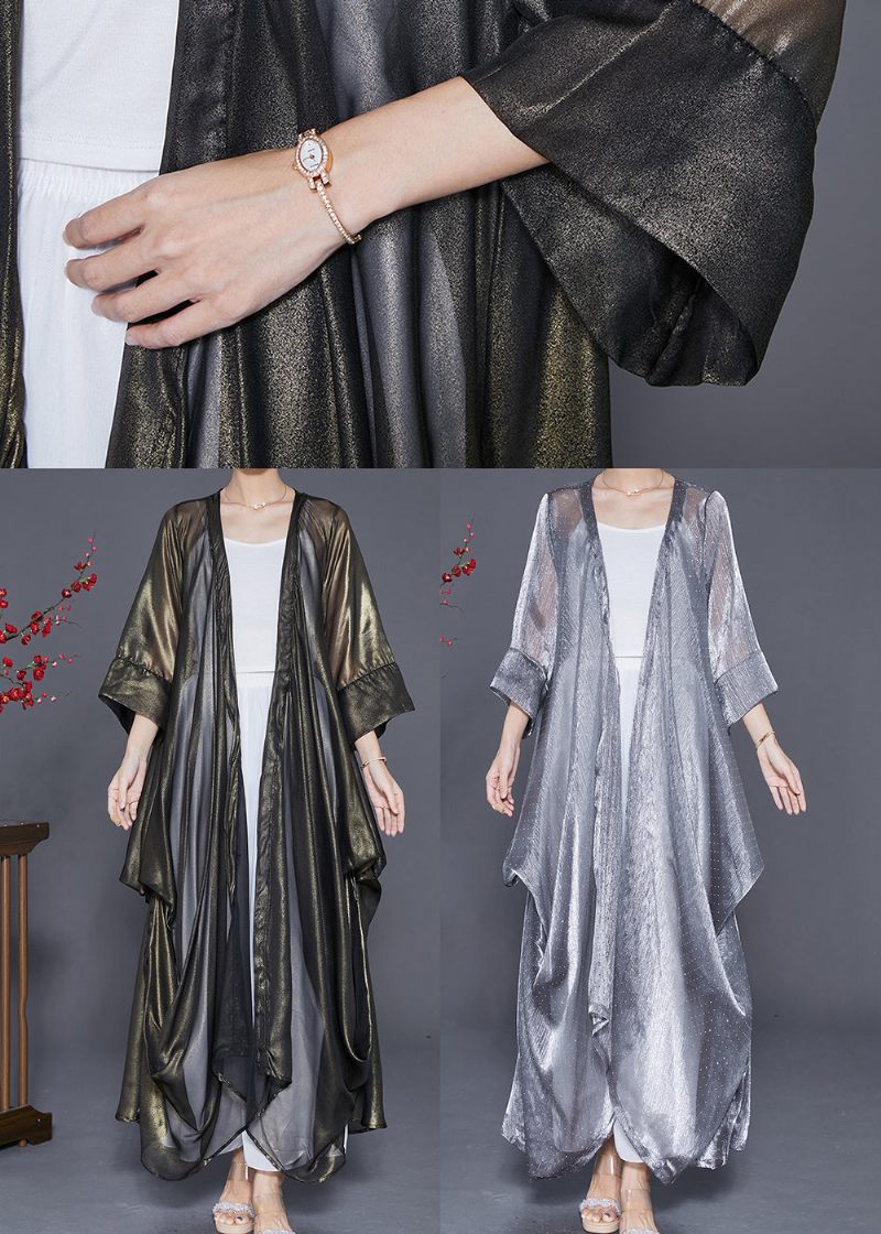 Elegant Silver Oversized Rynkad Silk Long Cardigan Summer - Koftor för kvinnor