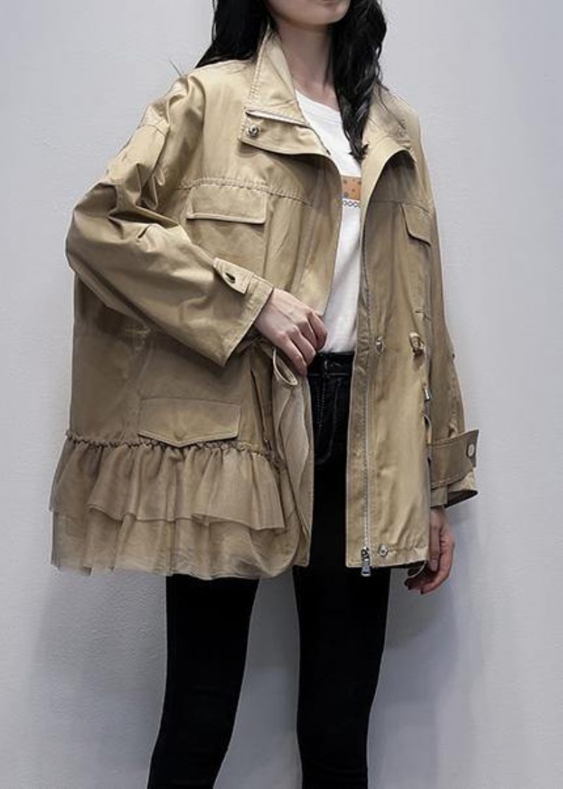 Elegant Stativkrage Mode Outwear Khaki Patchwork Tyll Lösa Kappor - Trenchcoats för kvinnor