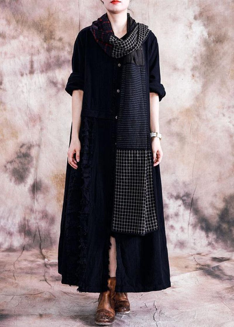 Elegant Svart Bomullsöverrock Oversize Trenchcoats Höstlinne Ytterkläder Patchwork