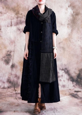 Elegant Svart Bomullsöverrock Oversize Trenchcoats Höstlinne Ytterkläder Patchwork