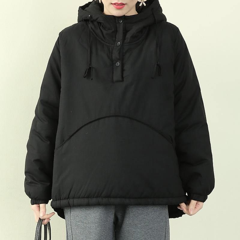 Elegant Svart Damparkas Plus Size Snöjackor Med Huva Med Dragsko