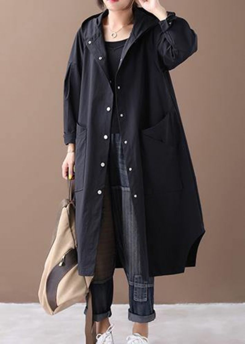 Elegant Svart Fashion Box Coat Inspiration Huva Stora Fickor Ytterkläder - Svart