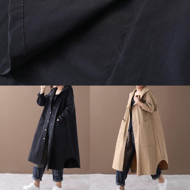 Elegant Svart Fashion Box Coat Inspiration Huva Stora Fickor Ytterkläder - Svart