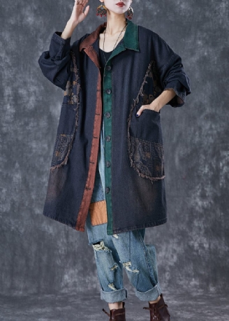 Elegant Svart Överdimensionerad Patchwork Denim Trench Fall