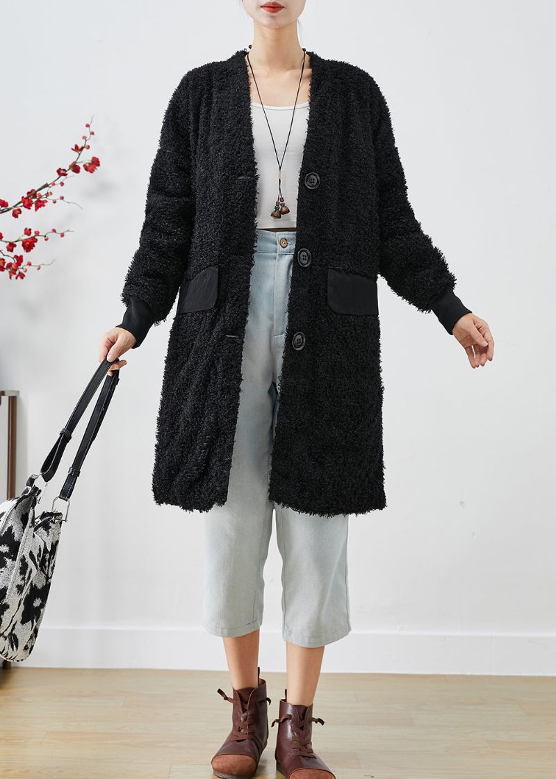 Elegant Svart Oversize Patchwork Fuskpäls Teddy Coat Höst