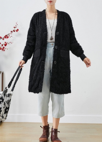 Elegant Svart Oversize Patchwork Fuskpäls Teddy Coat Höst