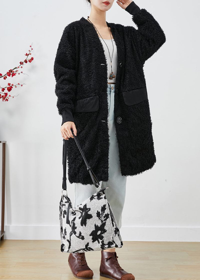 Elegant Svart Oversize Patchwork Fuskpäls Teddy Coat Höst - Trenchcoats för kvinnor