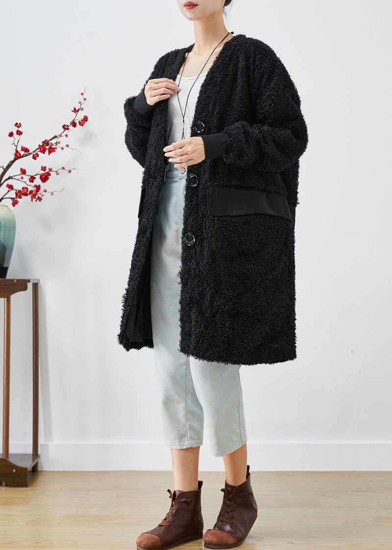 Elegant Svart Oversize Patchwork Fuskpäls Teddy Coat Höst - Trenchcoats för kvinnor