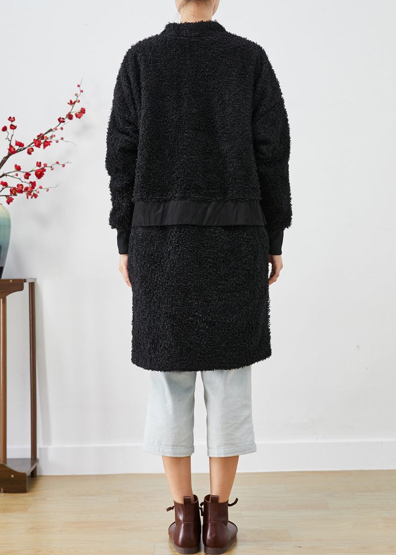 Elegant Svart Oversize Patchwork Fuskpäls Teddy Coat Höst - Trenchcoats för kvinnor