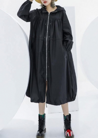 Elegant Svart Oversized Maxirock Kappa Med Huvfickor Med Dragkedja