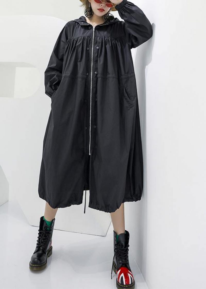 Elegant Svart Oversized Maxirock Kappa Med Huvfickor Med Dragkedja - Trenchcoats för kvinnor