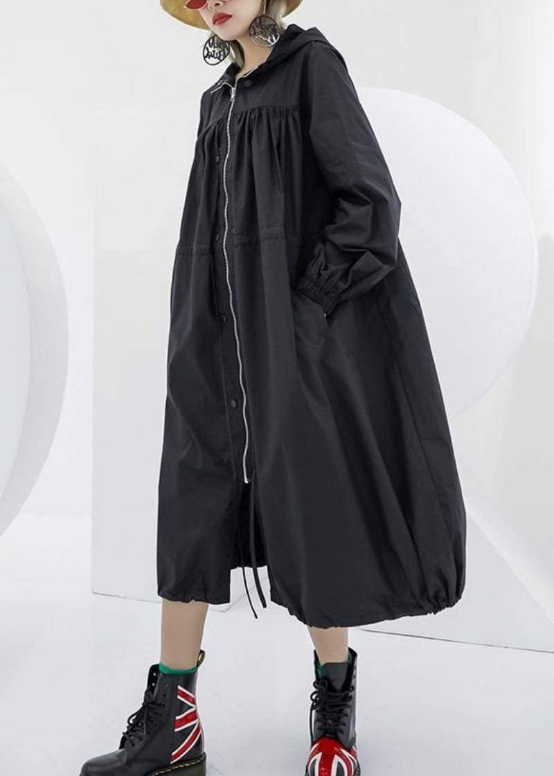 Elegant Svart Oversized Maxirock Kappa Med Huvfickor Med Dragkedja - Trenchcoats för kvinnor