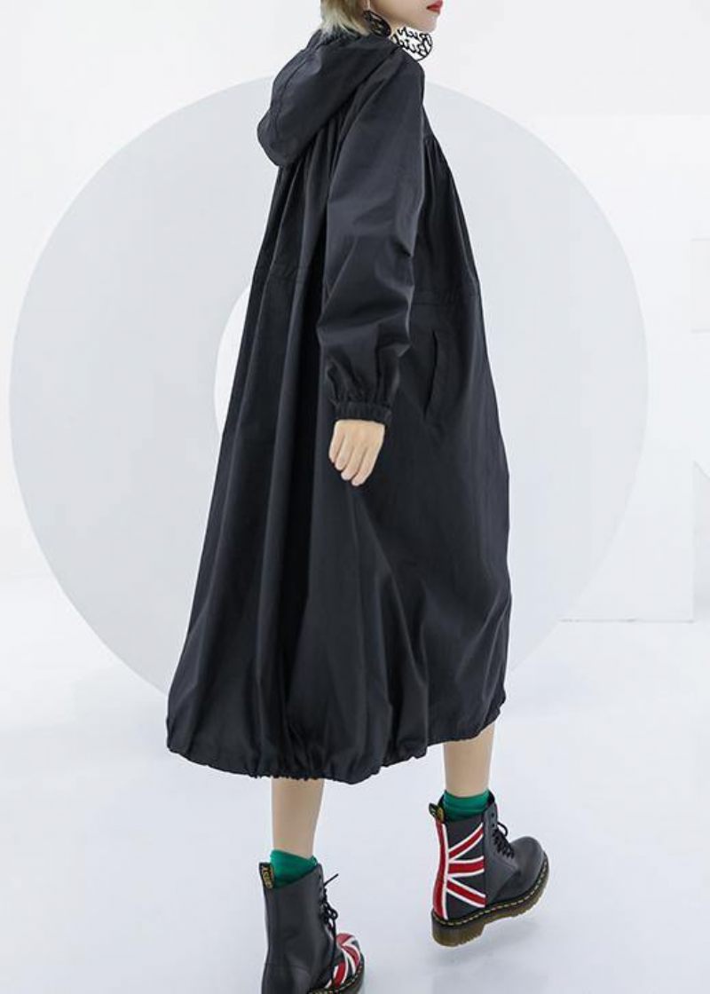 Elegant Svart Oversized Maxirock Kappa Med Huvfickor Med Dragkedja - Trenchcoats för kvinnor