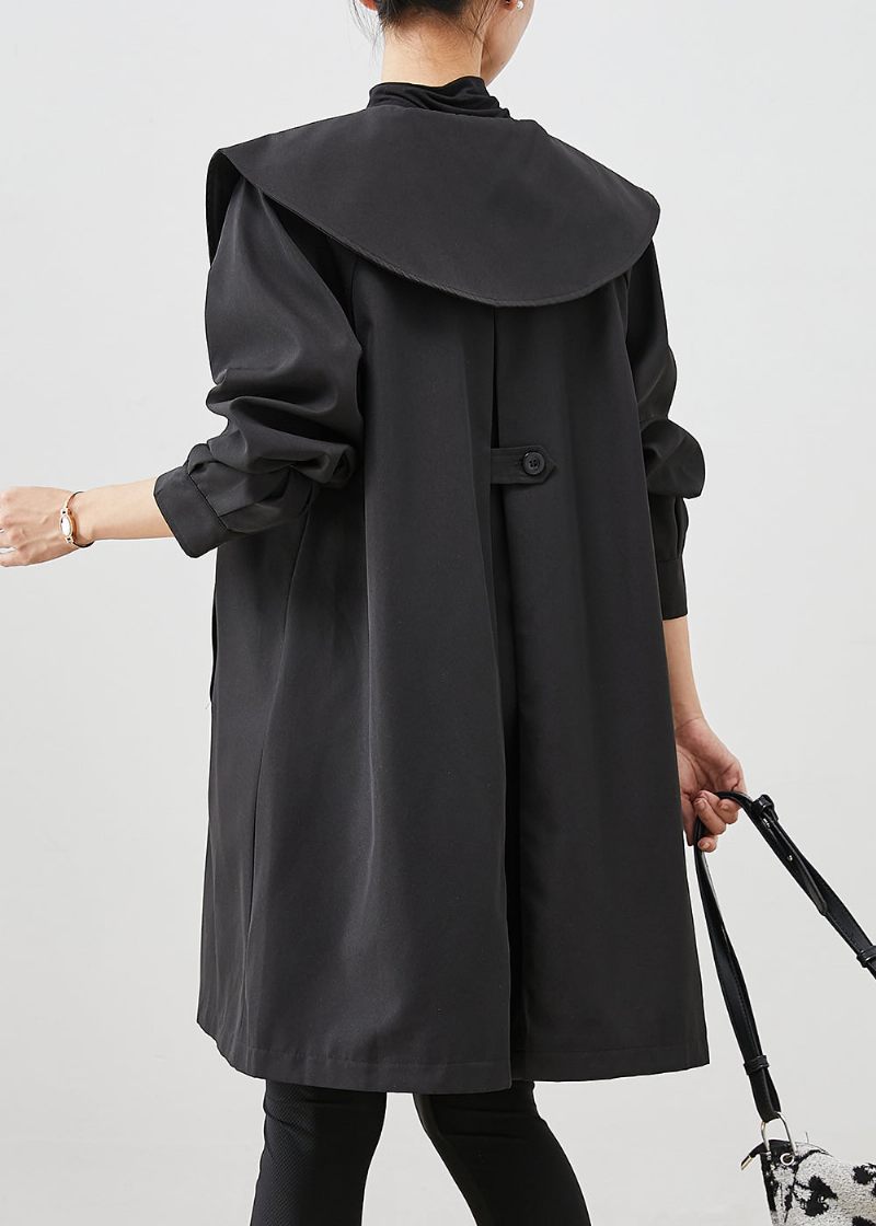 Elegant Svart Peter Pan Krage Fickor Bomull Coat Ytterkläder Höst - Trenchcoats för kvinnor