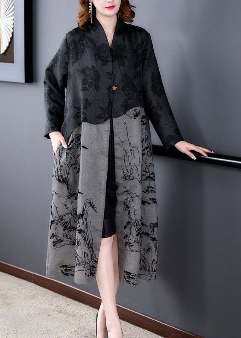 Elegant Svart Tofs Patchwork Print Silk Trench Coat Spring - Trenchcoats för kvinnor