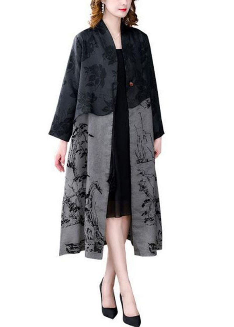 Elegant Svart Tofs Patchwork Print Silk Trench Coat Spring - Trenchcoats för kvinnor