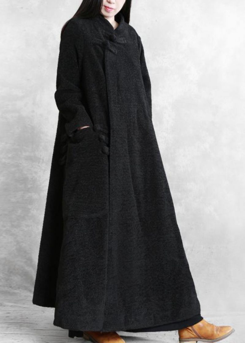 Elegant Svart Ylle Ytterkläder Plus Size Klädstativ Krage Asymmetrisk Lång Kappa - Trenchcoats för kvinnor