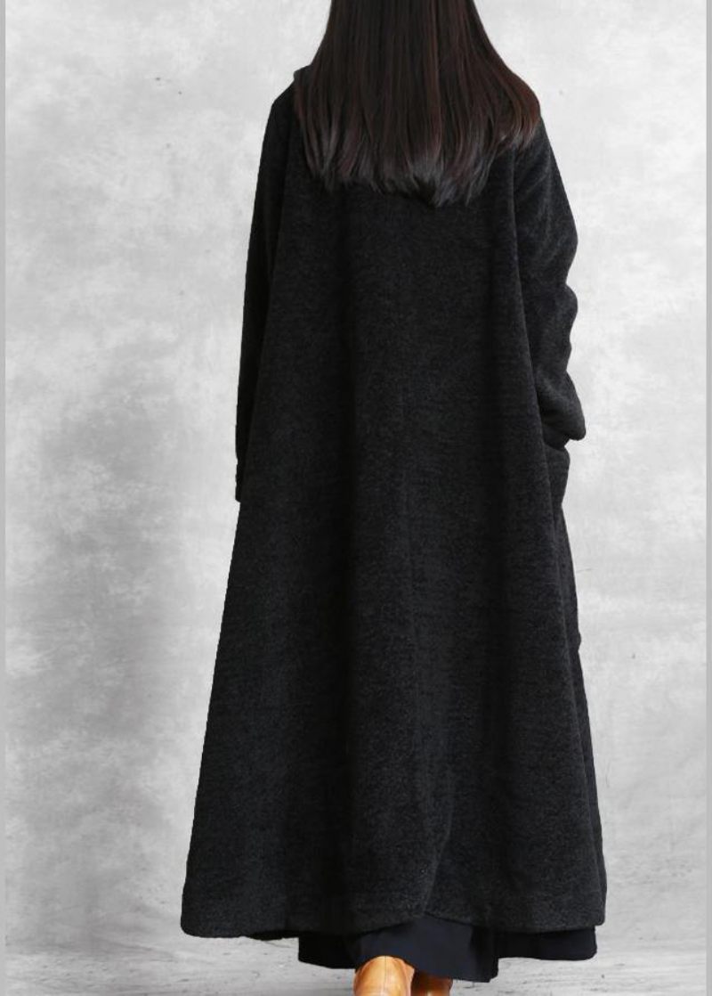 Elegant Svart Ylle Ytterkläder Plus Size Klädstativ Krage Asymmetrisk Lång Kappa - Trenchcoats för kvinnor