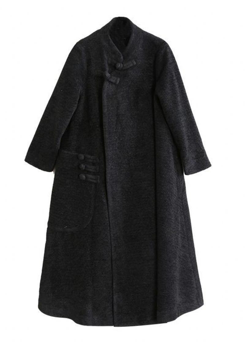 Elegant Svart Ylle Ytterkläder Plus Size Klädstativ Krage Asymmetrisk Lång Kappa - Trenchcoats för kvinnor