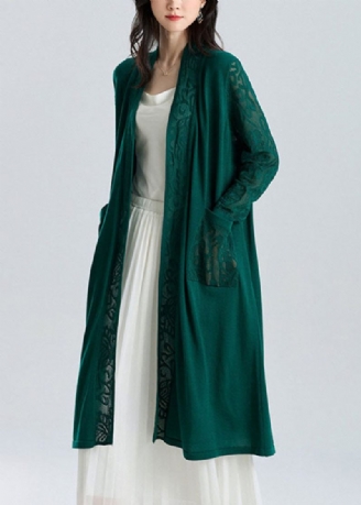 Elegant Svartgrön V-hals Patchwork Hollow Out Long Ice Size Stickad Cardigan Sum