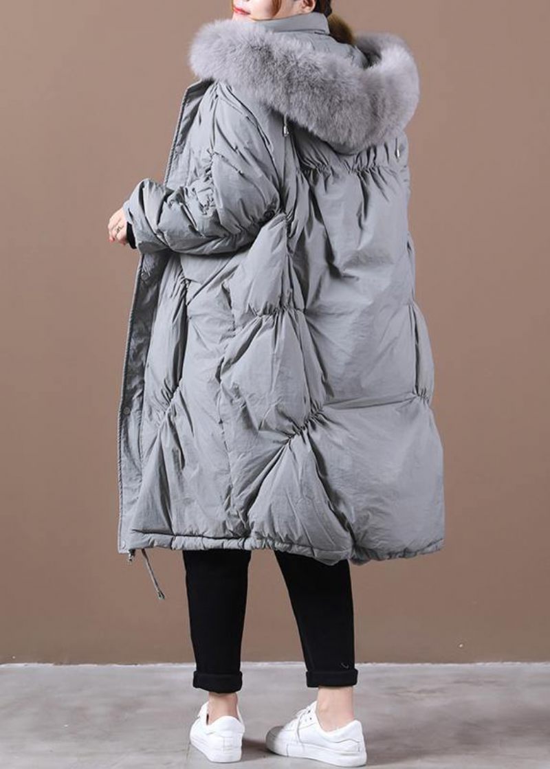 Elegant Trendiga Plus Size Snöjackor Vintergrå Luva Cinched Goose Down Kappa - Dunjackor för kvinnor