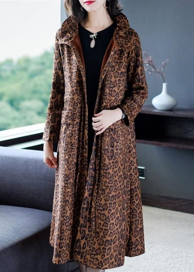 Eleganta Leopardfickor Patchwork Varm Fleece Trench Winter - Trenchcoats för kvinnor