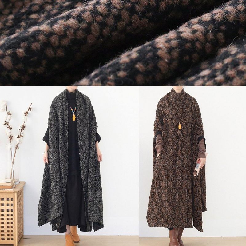 Eleganta Oversized Mellanlånga Kappor Vinterbrun Batwing Sleeve V-ringad Ylle Ytterkläder - Trenchcoats för kvinnor