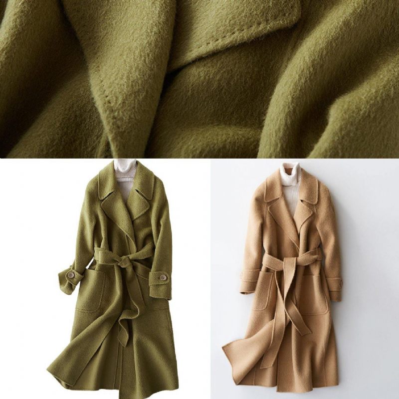 Eleganta Plus Size Kläder Långa Jackor Kavajkrage Kvinnor Kappor Khaki Klipp I Midja Ull Överrock - Trenchcoats för kvinnor